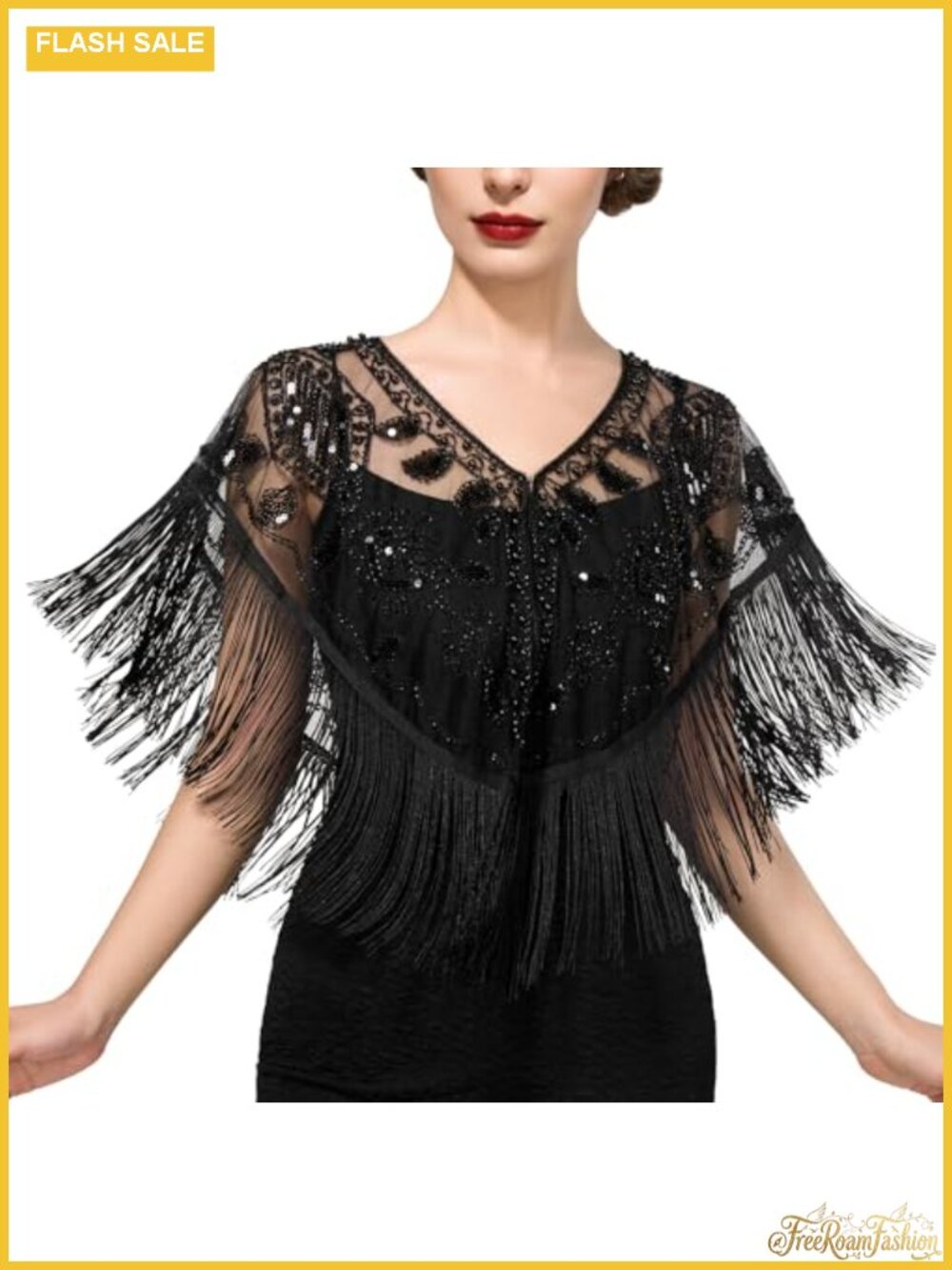 SWEETV Sheer Sequin Beaded Flapper Evening Shawl Wrap for Gatsby Party